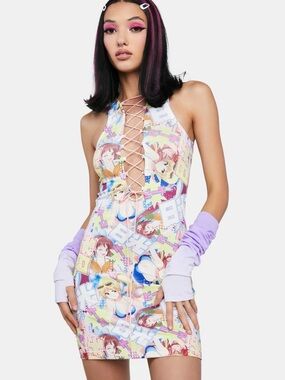 Anime Print Lace-Up Tank Dress